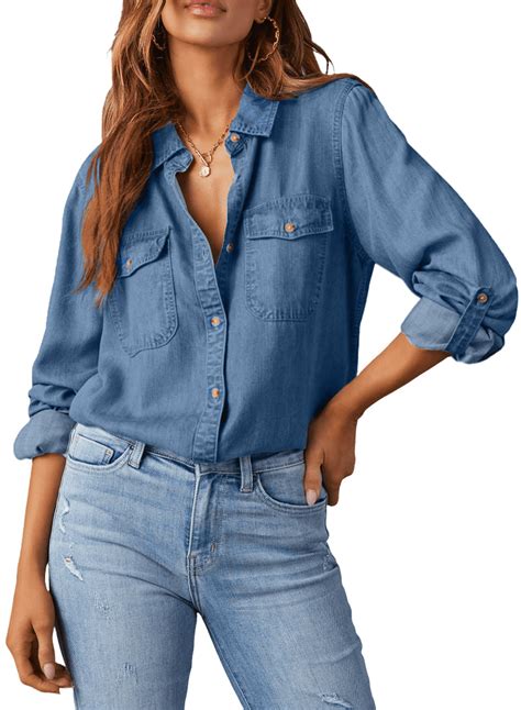 Fantaslook Women Denim Shirts, Button Down, Long Sleeve Blouses ...