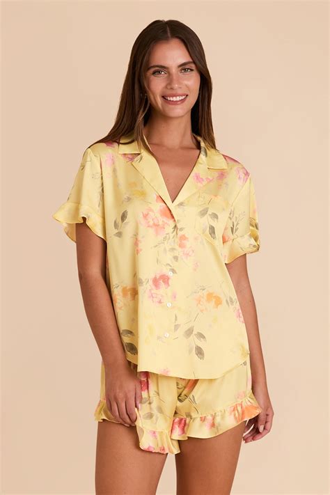 Esther Matte Satin Pajama Set in Pale Yellow Rococo Floral | Birdy Grey