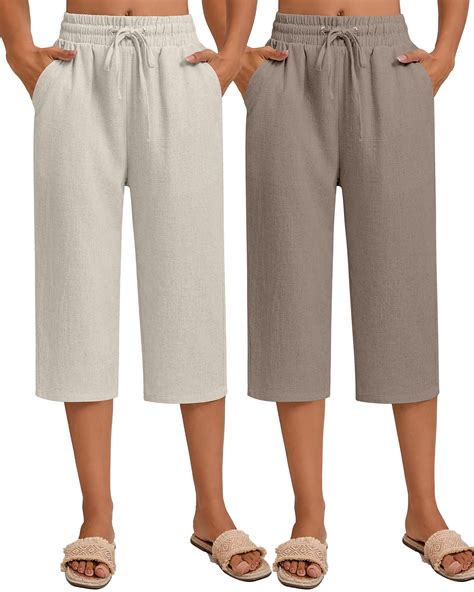 Neer 2 Pack Women's Linen Capri Pants Basics Wide Leg Casual Loose ...
