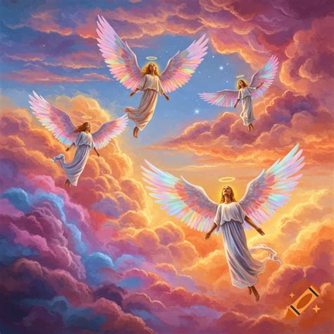 A man lies in a sunlit wildflower field, looking up at several angels ...