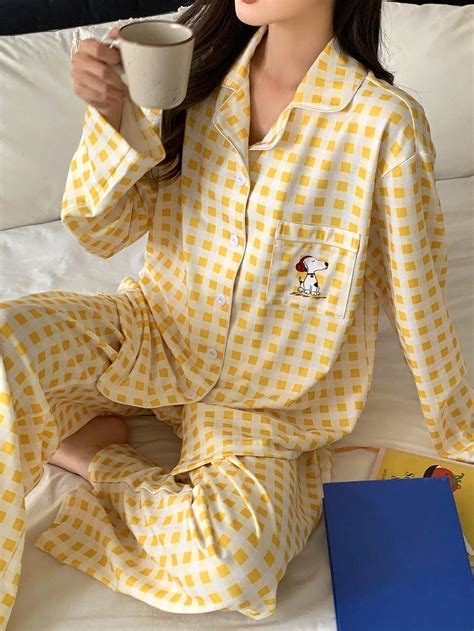 Conjunto de pijama holgado con lindo estampado de perrito a cuadros ...