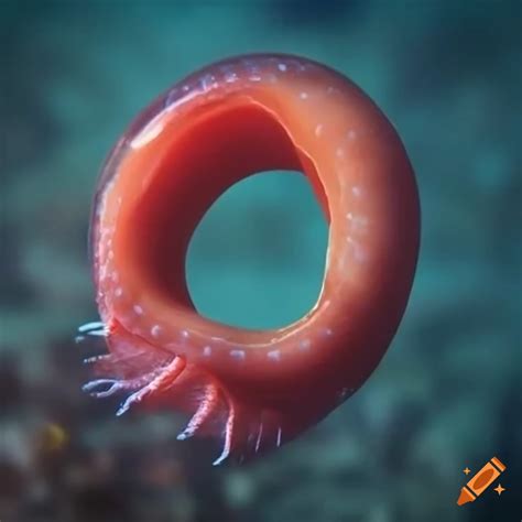 Crimson simple ring shaped sea creature, floating underwater above ...