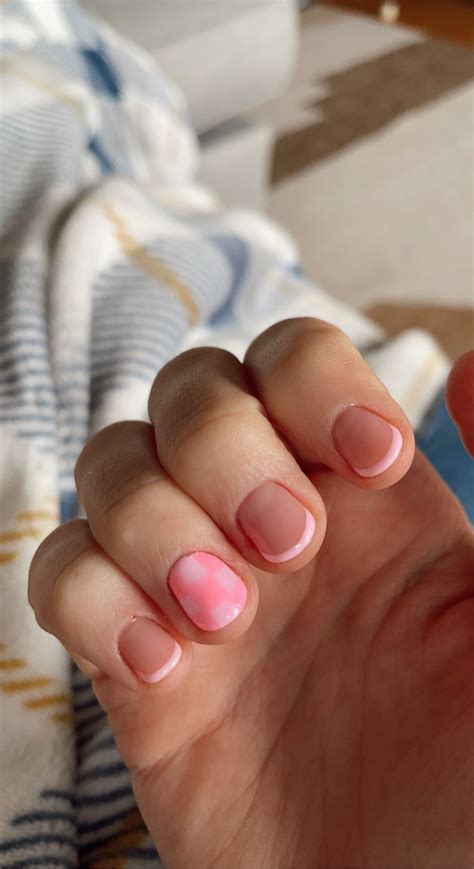 nail inspo(: | Pink gel nails, Checkered nails, Short acrylic nails