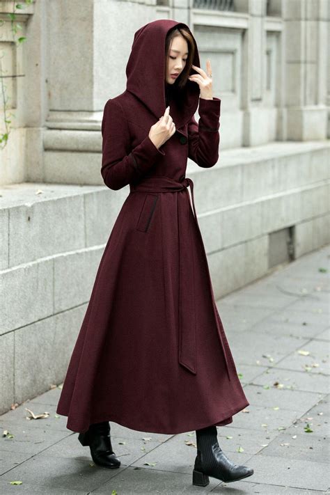 Hooded Wool Coat, Maxi Wool Coat, Burgundy Wool Coat, Long Wool Coat ...
