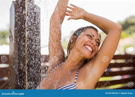 Beautiful Young Woman Taking a Shower Outside Stock Photo - Image of ...