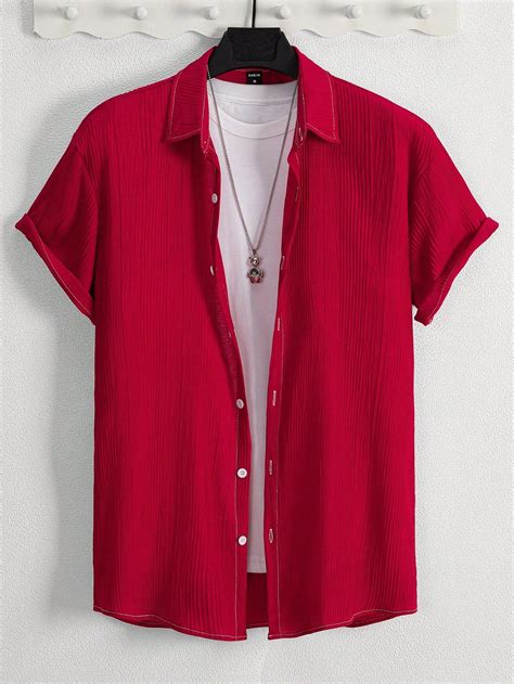 Homens Sólido Abotoar Camisa Sem Camiseta | Red shirt outfits, Red ...