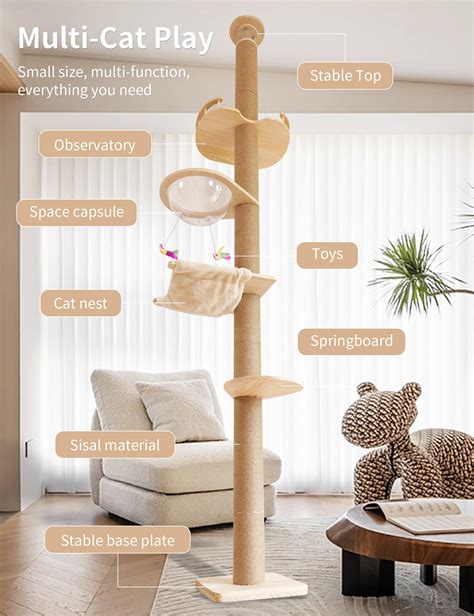 Cat Tree Floor to Ceiling Natural Sisal Rope Scratching Post Height:55. ...