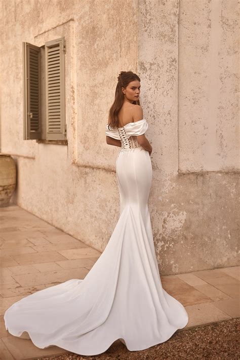 Luxury Off-Shoulder Satin Mermaid Wedding Gown with Lace-Up Corset and – WonderlandByLilian