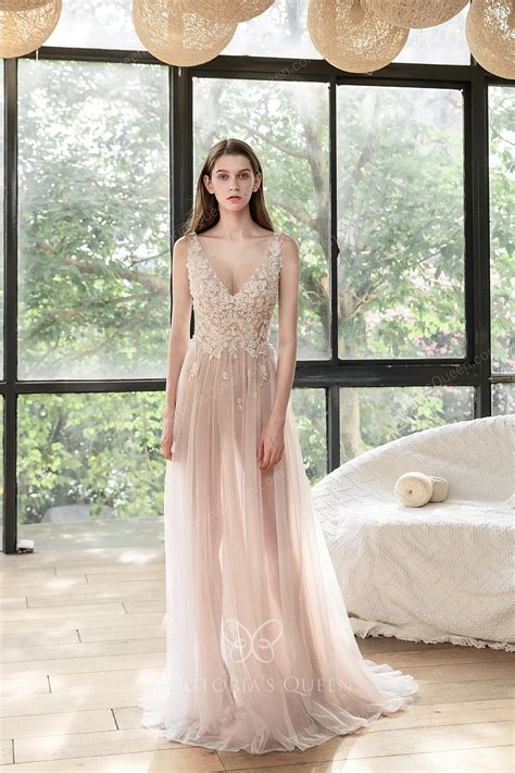 Dusty Rose Beaded Floral Lace & Tulle Sheer Wedding Dress - VQ