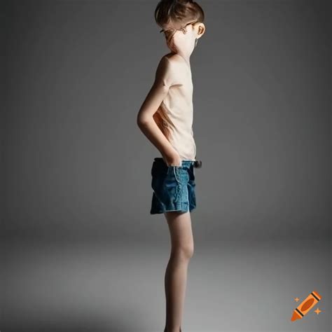 Sad skinny boy age 12 wearing only shorts. standing side view on Craiyon