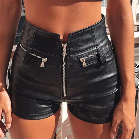 High Waisted Black PU Leather Shorts With Front Zipper – Slim Fit Y2K ...