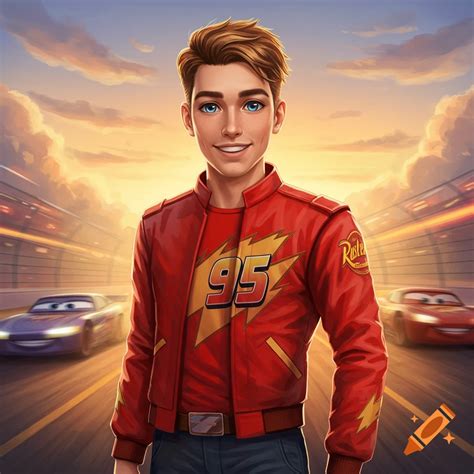 A young man, humanized Lightning McQueen, in a red racing jacket with ...