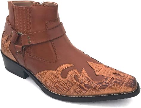 Buy Mens Cowboy Boots Western Leather Lined Ankle Harness Strap Side ...