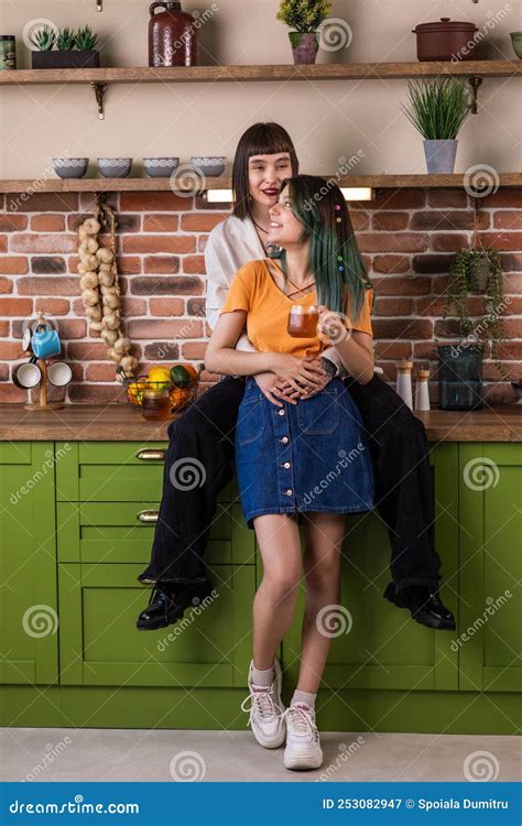 Lesbian Couple Discussing Happy in Front of the Camera while Standing ...