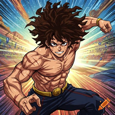 A muscular anime character with messy brown hair poses dynamically. on ...