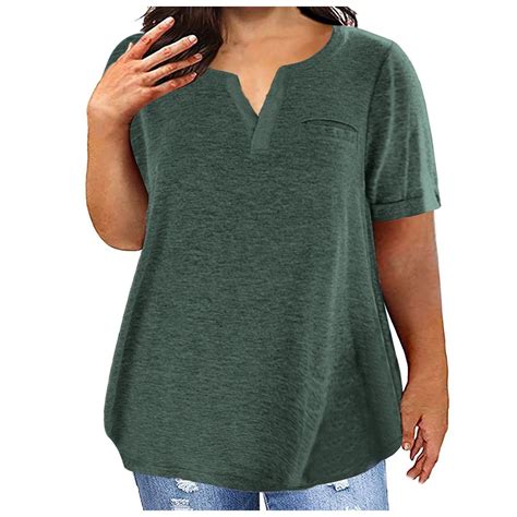 CFLVAEK Plus Size Notch V Neck Tshirts for Women 2025 Loose Fitted Short Sleeve Tunic Tshirt ...