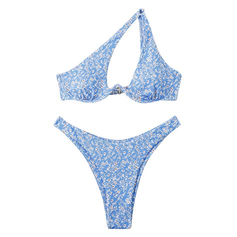 OWMEOT Womens One-Shoulder Bikini Sets Sexy Floral Low Cut Bathing ...