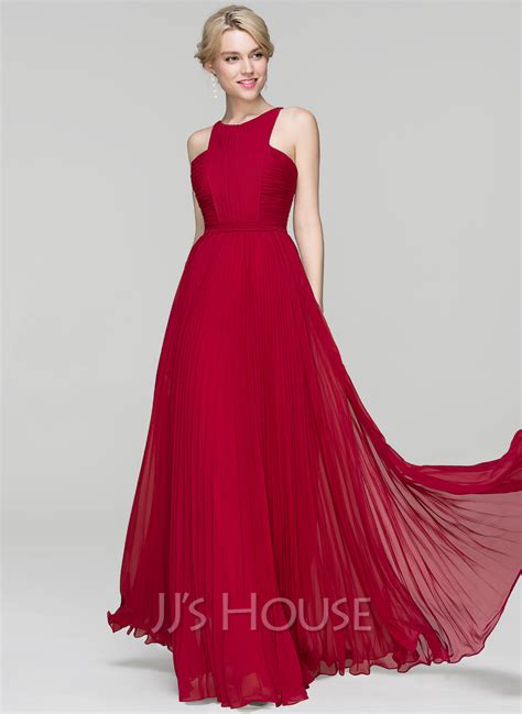 A-Line/Princess Scoop Neck Floor-Length Chiffon Prom Dresses With Split ...