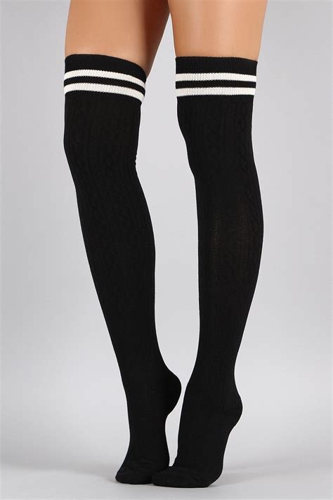 Double Stripe Textured Thigh High Socks | Sock outfits, High socks outfits, Over knee socks