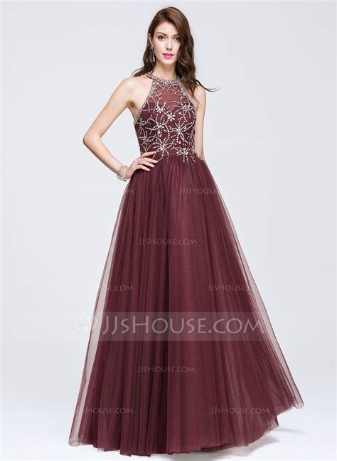 A-Line/Princess Scoop Neck Floor-Length Tulle Prom Dresses With Beading ...