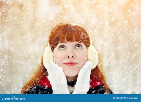 Redhead winter woman stock image. Image of bright, headphones - 77319121