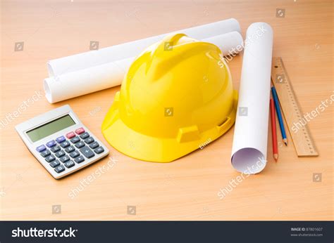 Drawings Hard Hat On Desk Stock Photo 87801607 | Shutterstock