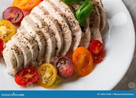 Juicy Chicken Fillet Cooked Under Vacuum at Low Temperature. Sliced ...