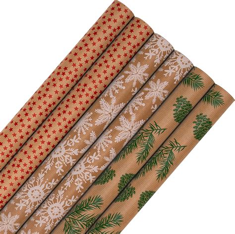 Hallmark Christmas Wrapping Paper, Pack of 6 Brown Kraft Gift Wrap, 3M ...