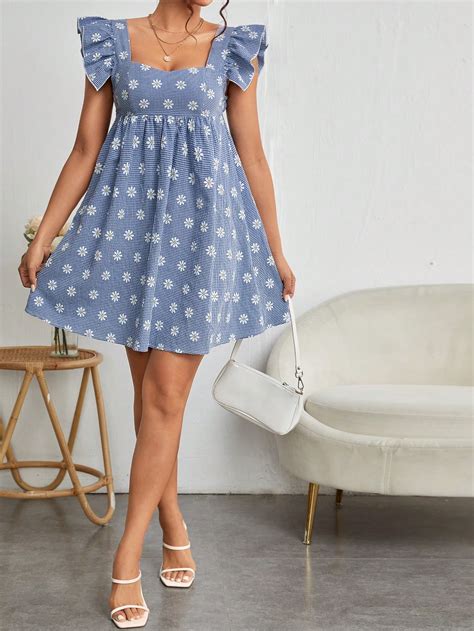 SHEIN PETITE Daisy Floral Print Ruffle Trim Dress | SHEIN UK