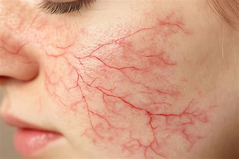 Close-up view of facial spider veins and broken capillaries on a woman’s cheek showing visible ...