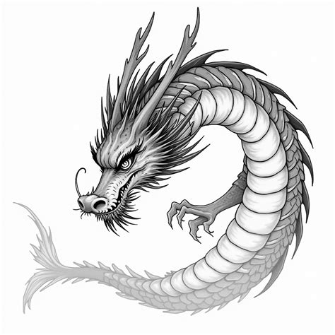 a japanese black and white dragon with complete long body in engraving and crosshatching art ...