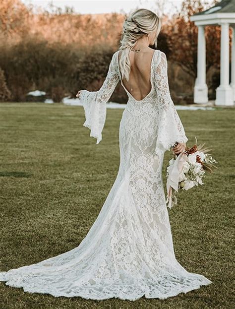 Beach Boho Wedding Dresses Mermaid / Trumpet V Neck Long Sleeve Court – Amzcw Dress