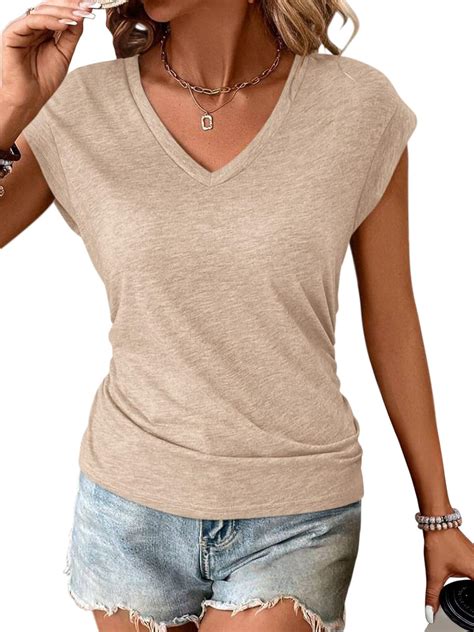 PGANDS Women's V Neck Cap Sleeve Shirts Ruched Dressy Casual Summer ...