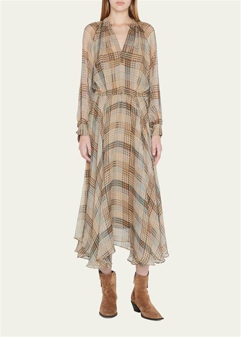 Brunello Cucinelli Peasant Prairie Plaid Midi Dress - Bergdorf Goodman