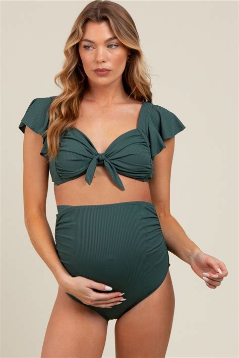 Olive Ribbed Ruffle Shoulder Front Tie High Waist Two-Piece Maternity ...