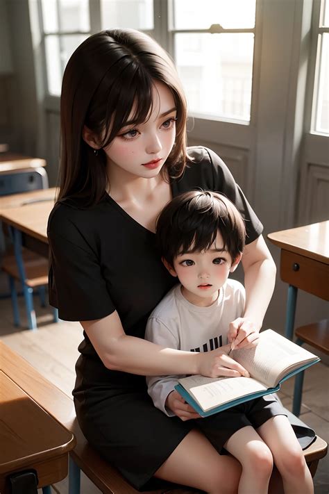 A little boy sits on his mom's lap, as she patiently teaches him to read a book. They are both ...