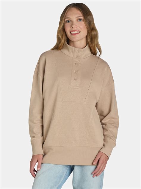 Time and Tru Women's Mock Neck Sweatshirt with Button Placket, Sizes XS ...