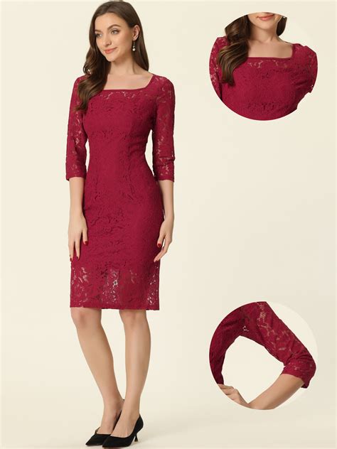 Lace 3/4 Sleeve Dress Square Neck Midi Straight Tired | Allegra K