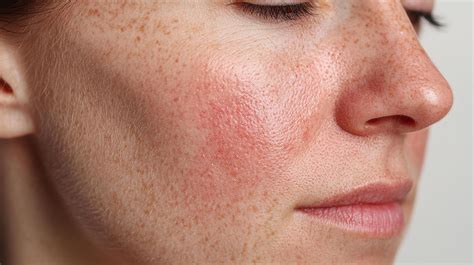 Close-up of a woman's face showing rosacea, a common skin condition ...