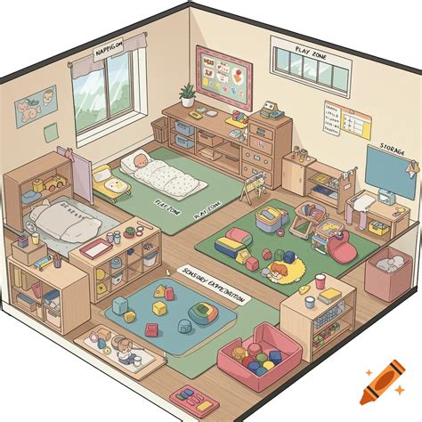 Illustrated isometric view of an infant classroom floor plan with play ...