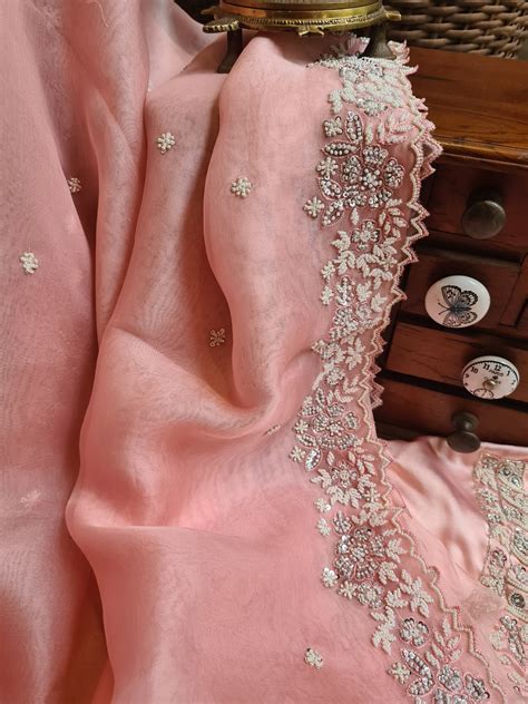 Zynah Peachish Pink Pure Organza Silk Saree With Sequence, Pearls & Cut ...