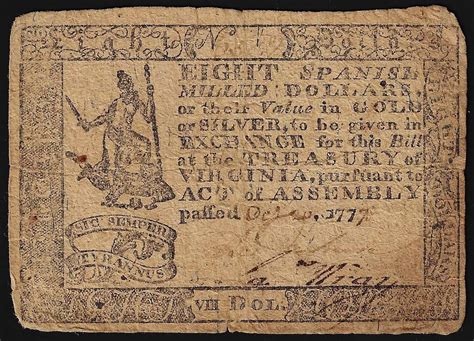 1777 Virginia $8 Spanish Milled Dollars Colonial Currency Note