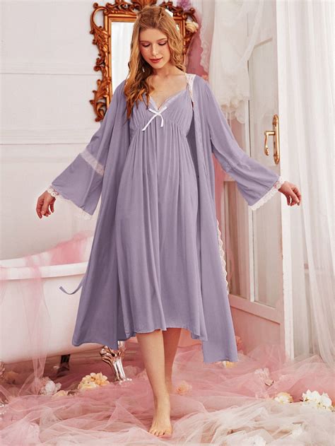 Contrast Lace Cami Nightdress With Belted Robe Pyjama Set | Night dress ...