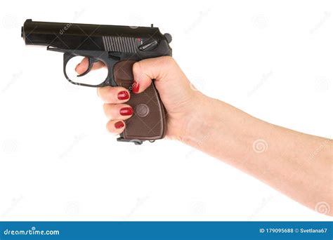 Female hand holding gun stock photo. Image of handcuffs - 179095688