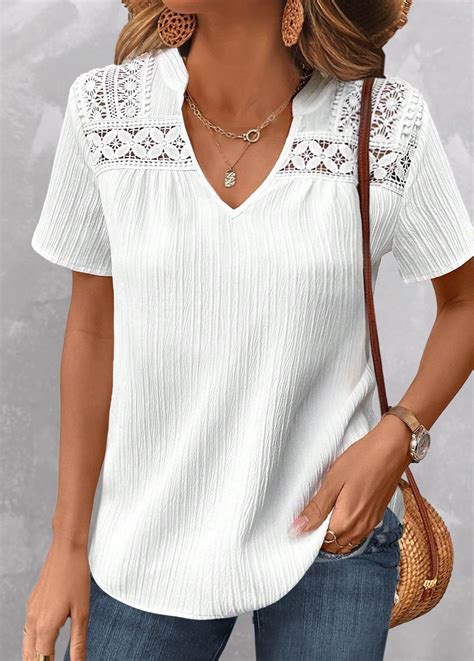 ROTITA Lace White Split Neck Short Sleeve Blouse | Short sleeve blouse ...