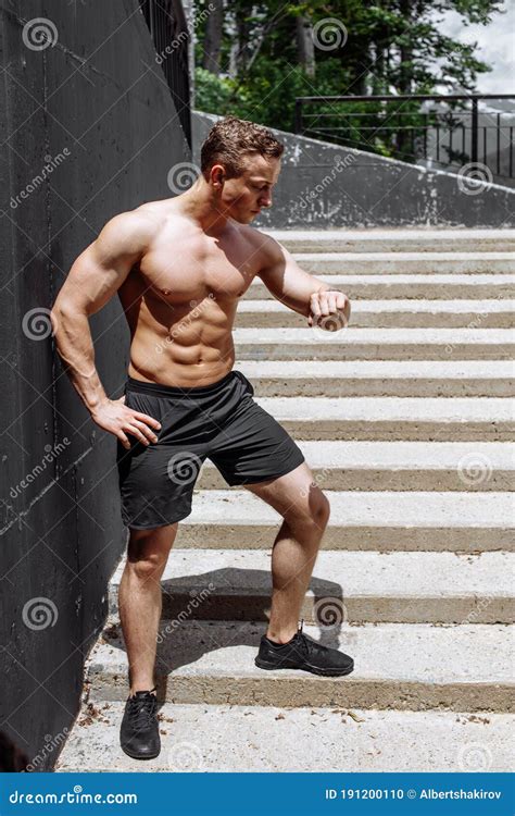 Caucasian Shirtless Athletic Runner Running Up and Down the Stairs in ...