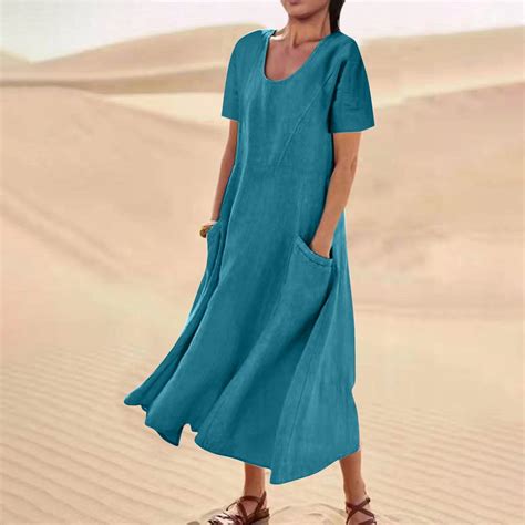 Pxxlle Cotton Linen Dress for Women Plus Size Short Sleeve Dresses with ...