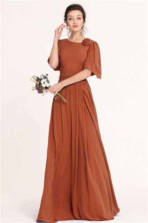 Modest LDS Plus Size Rust Orange Bridesmaid Dresses with Flutter ...