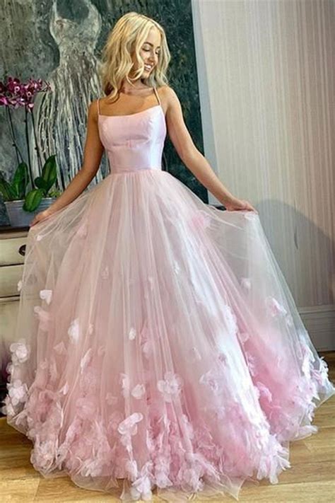 Pink Tulle Floral Long Prom Dresses, Spaghetti Straps Pink Floral Long ...