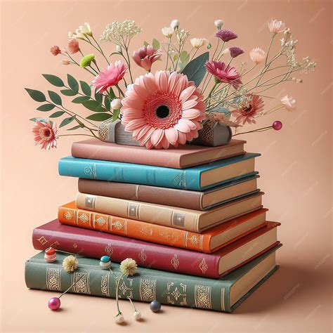 Premium Photo | Beautiful composition of different colorful books with flower